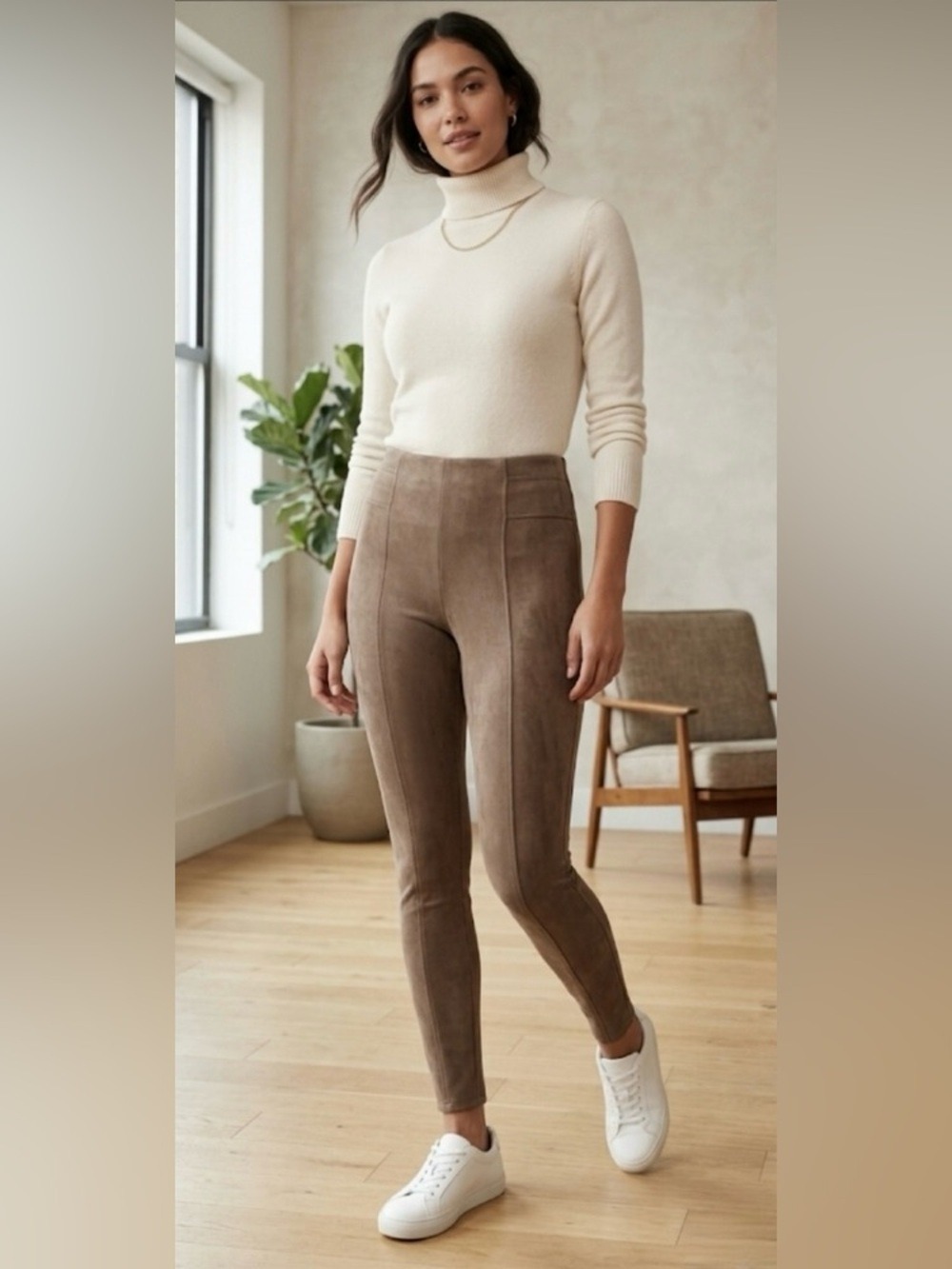 Spanx Medium Faux Suede High-Rise Leggings in Taupe